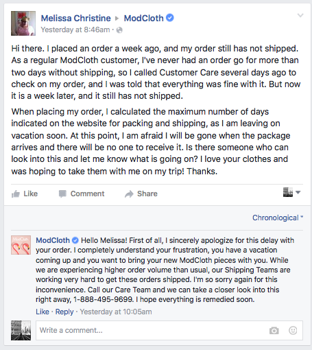Facebook comment from ModCloth responding to a negative customer review.