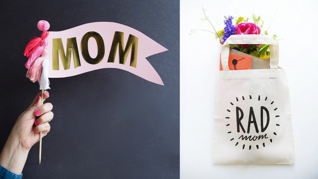 A hand holds a DIY flag that reads "MOM" and a tote bag reads Rad Mom