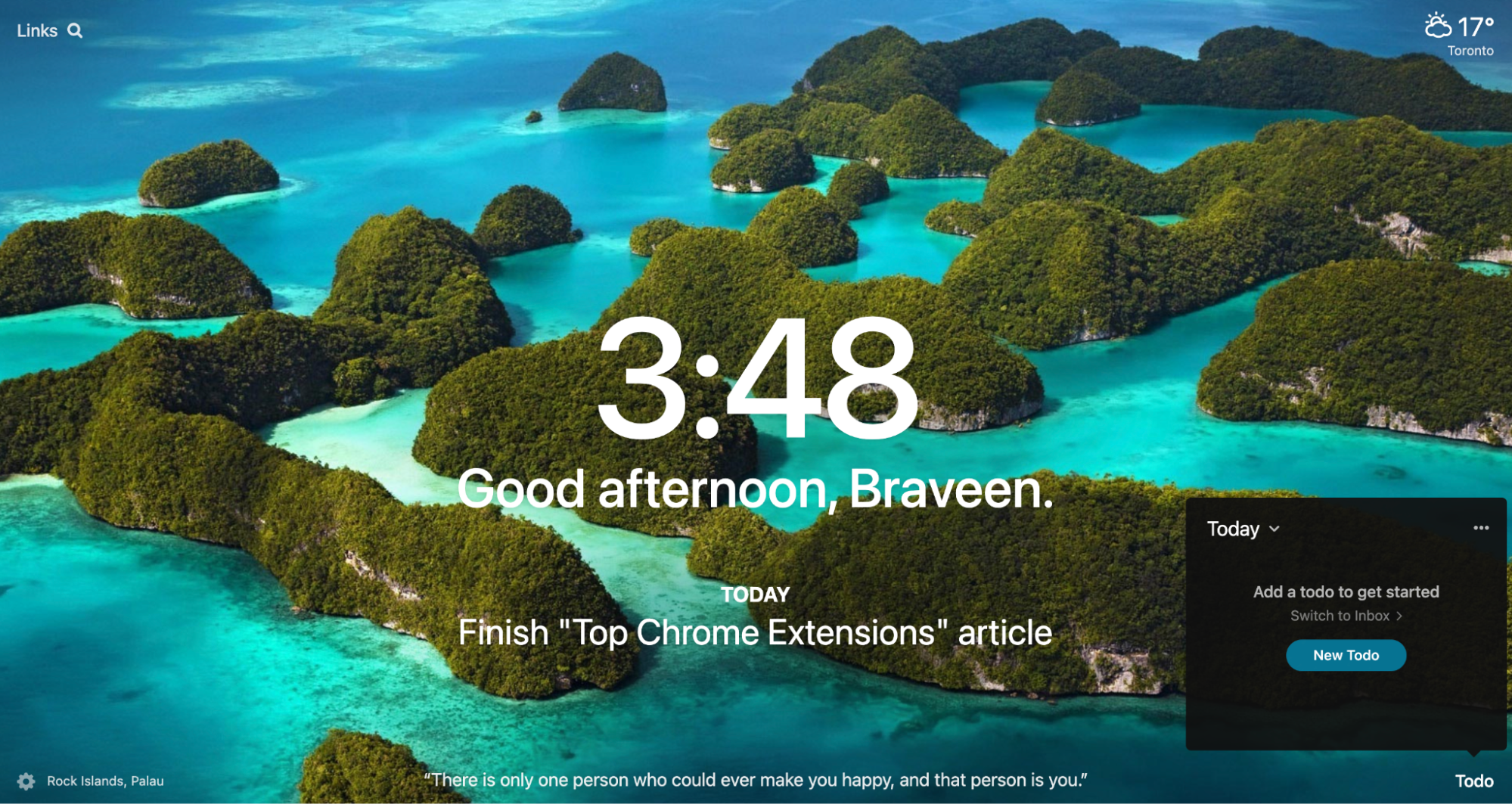 Browser tab with tropical island wallpaper, time, greeting, and task list.