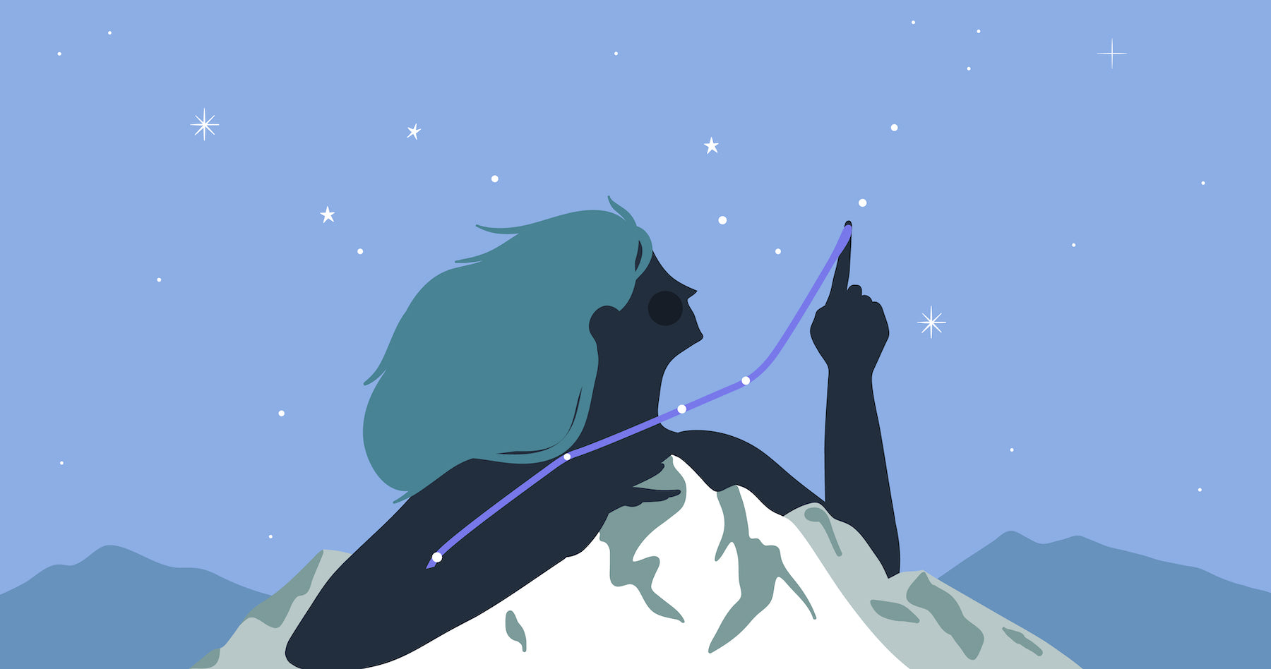 Illustration of a person leaning on a mountain and pointing at the stars