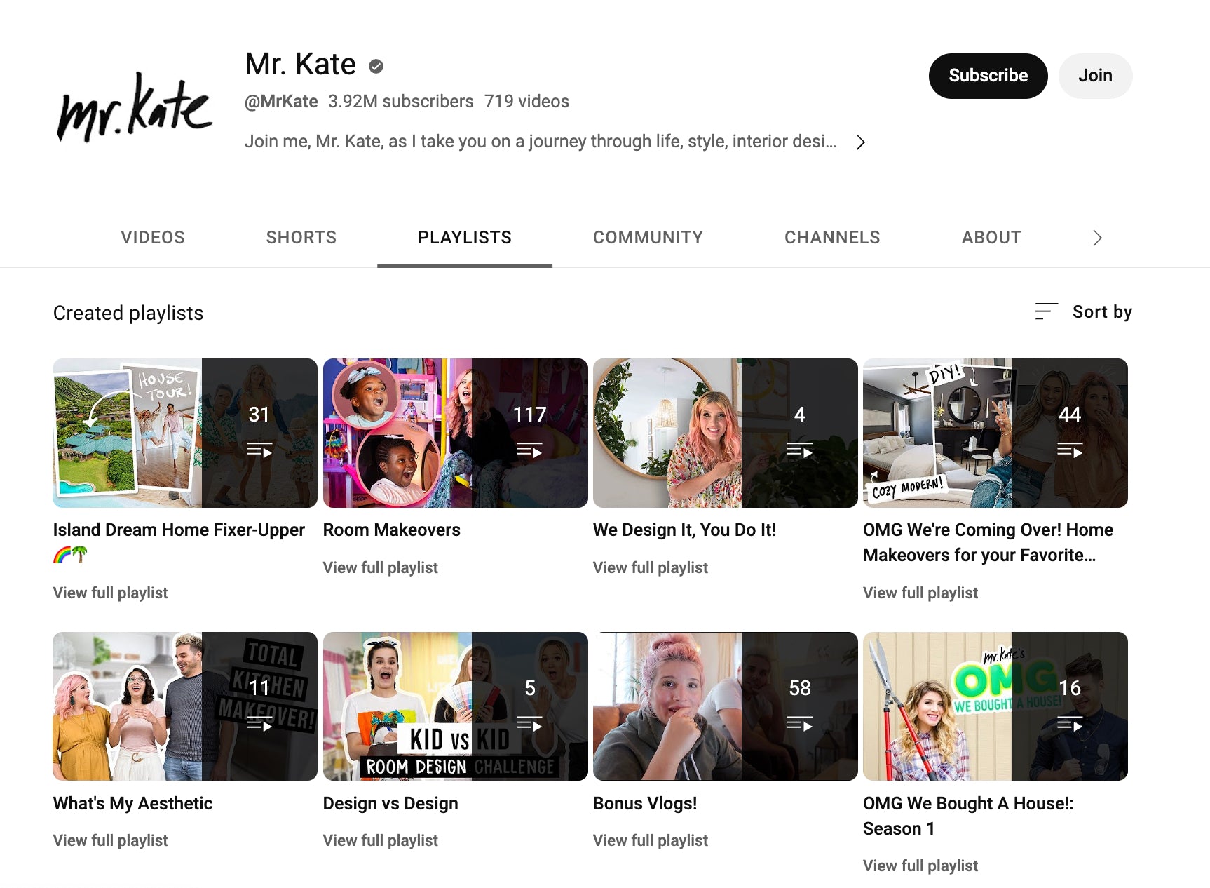 The playlist view of Mr. Kate's YouTube channel
