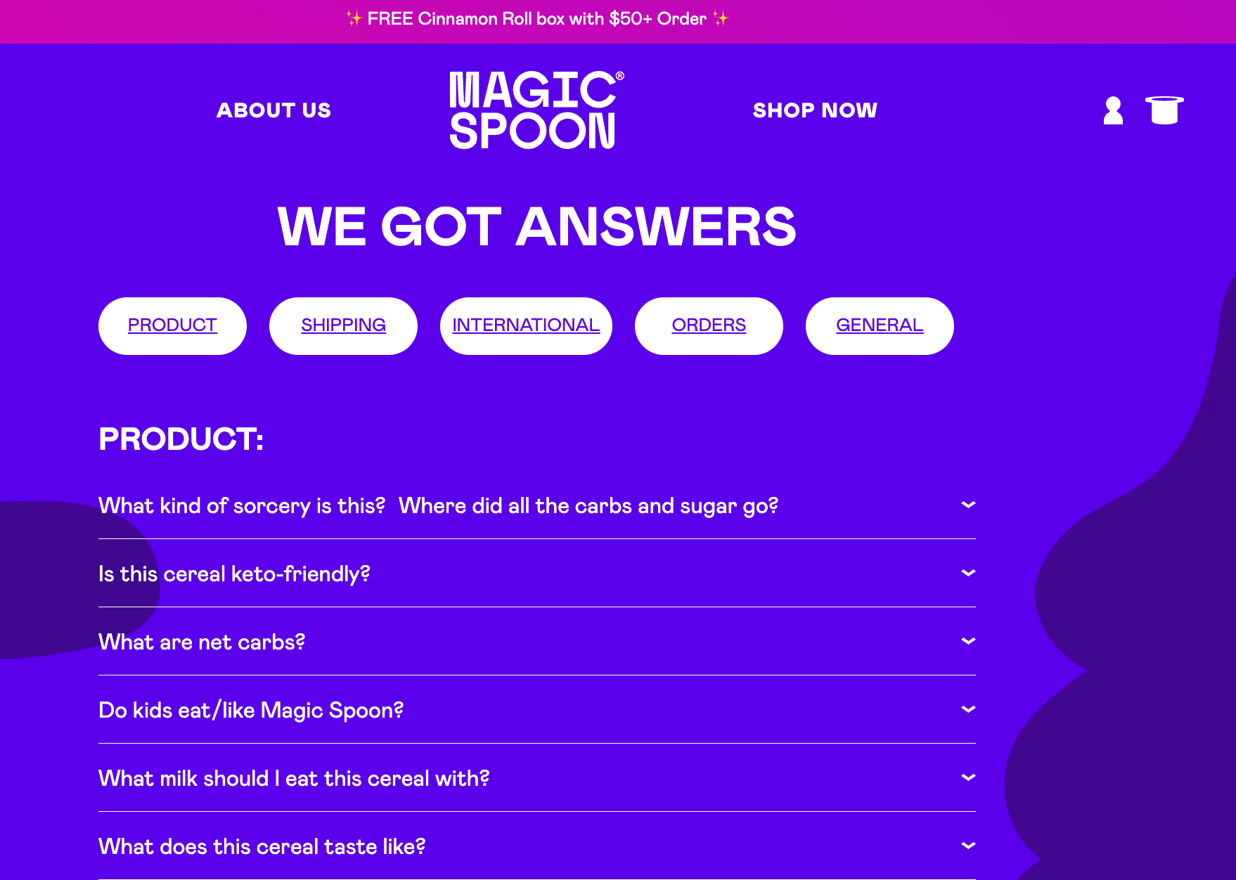 Image of Magic Spoon’s FAQ page answering common questions.