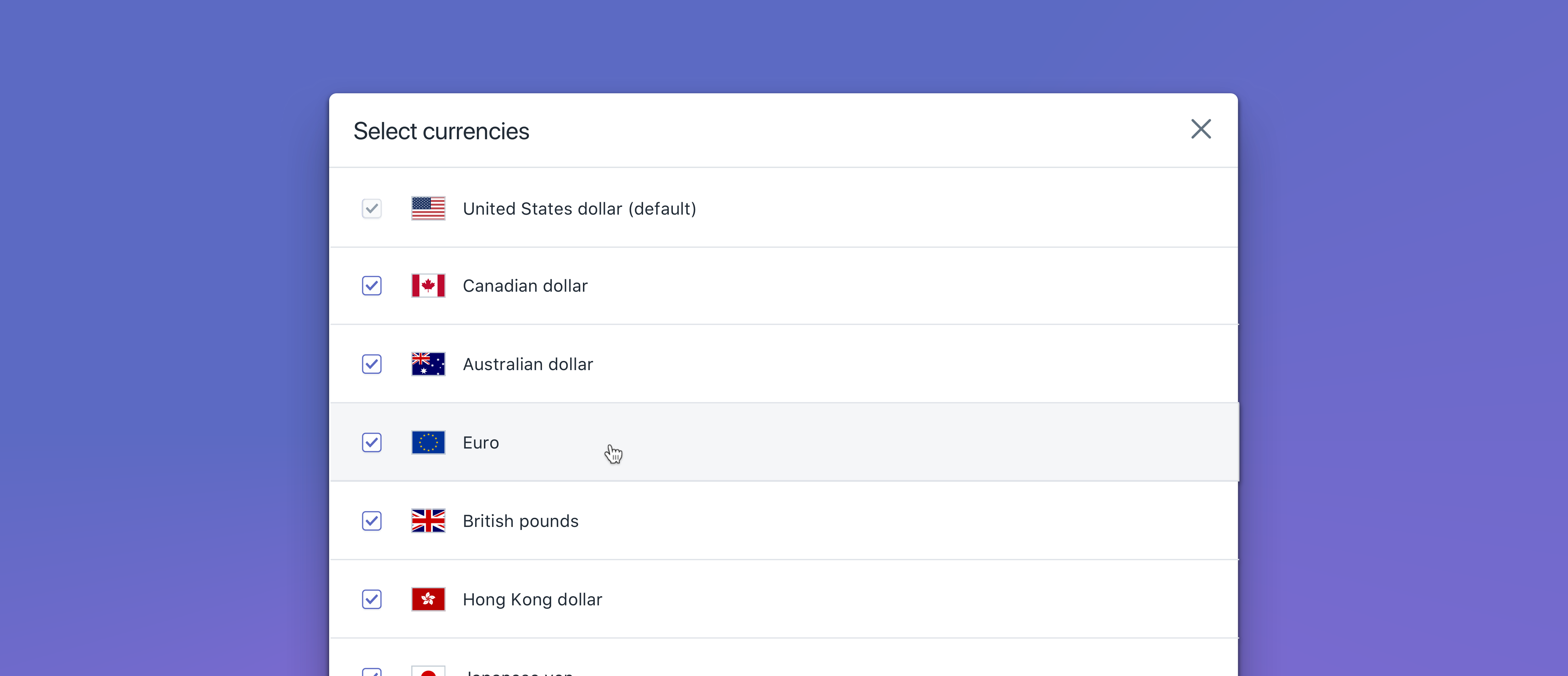 Display of multiple currencies as selection options. 