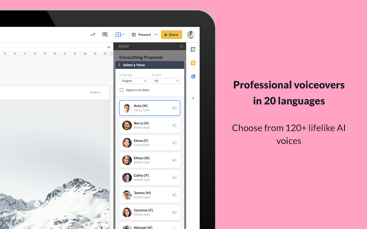Murf window displaying lifelike AI voice options for professional voiceovers.
