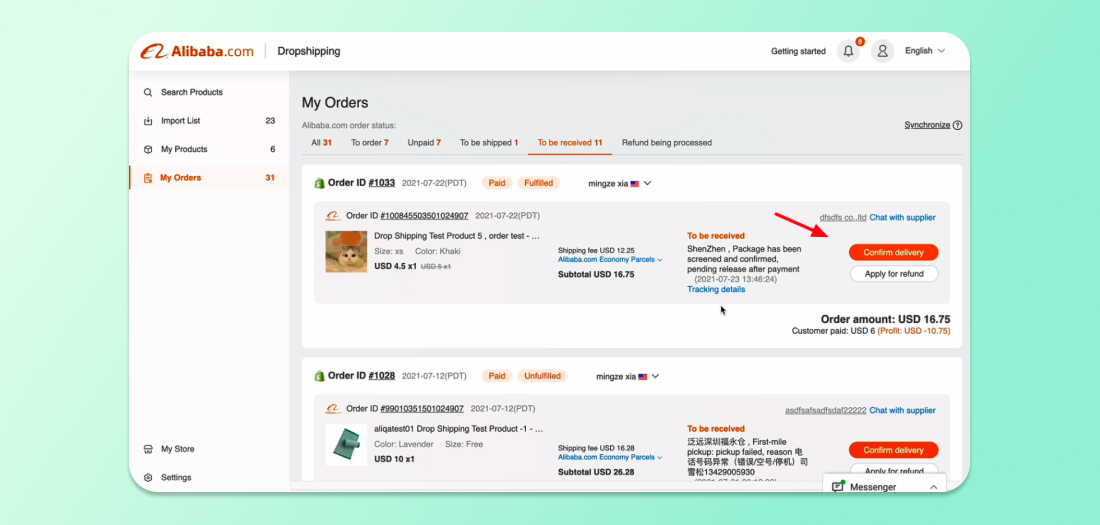 The My Orders page of an Alibaba dropshipper, showing orders from their Shopify store.