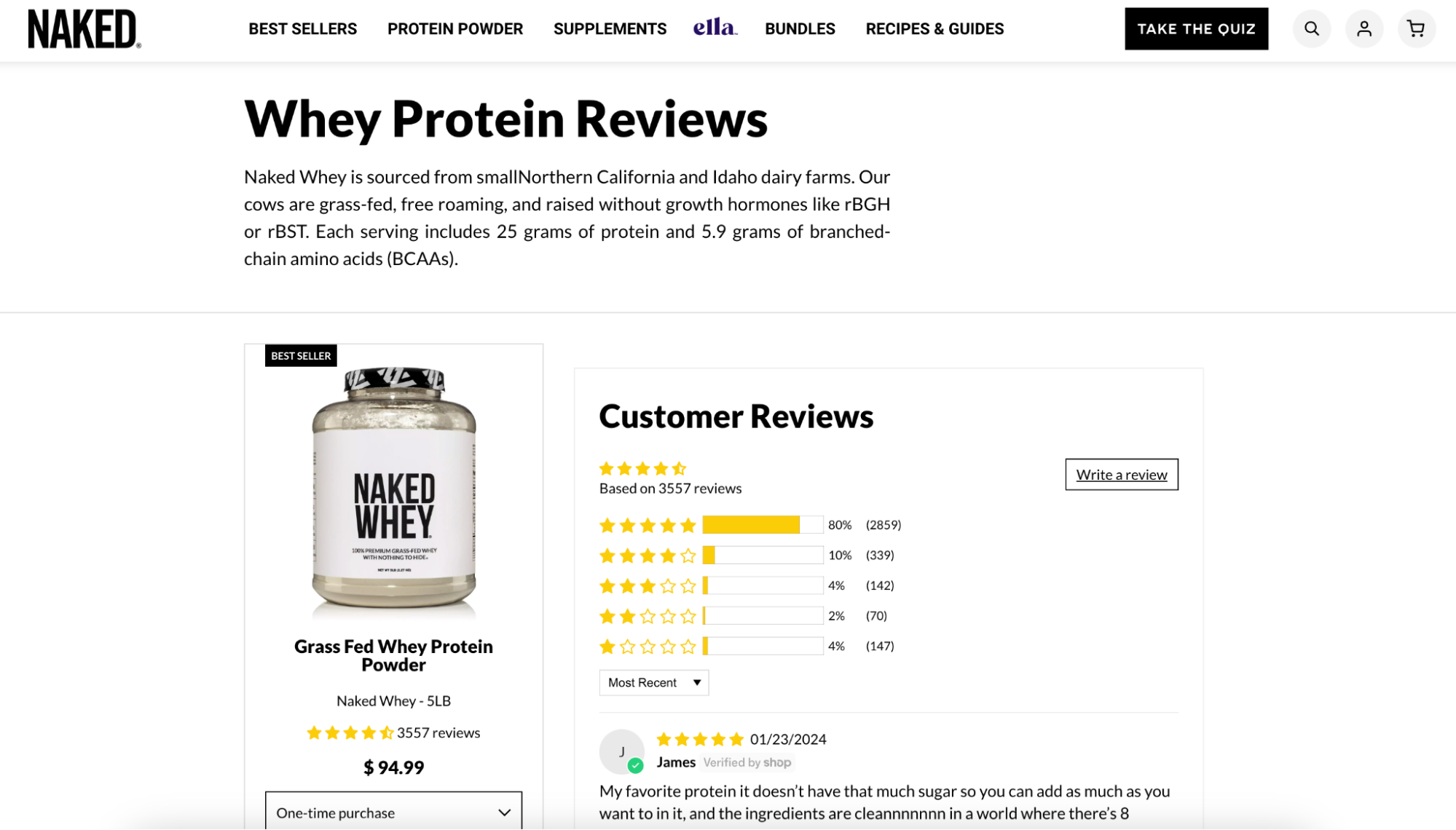 Dedicated customer reviews page for and with an image of the Naked Whey product.