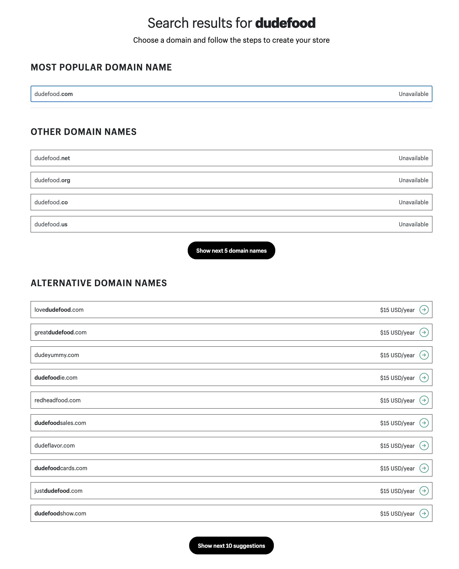 Shopify domain name generator example which lists multiple options