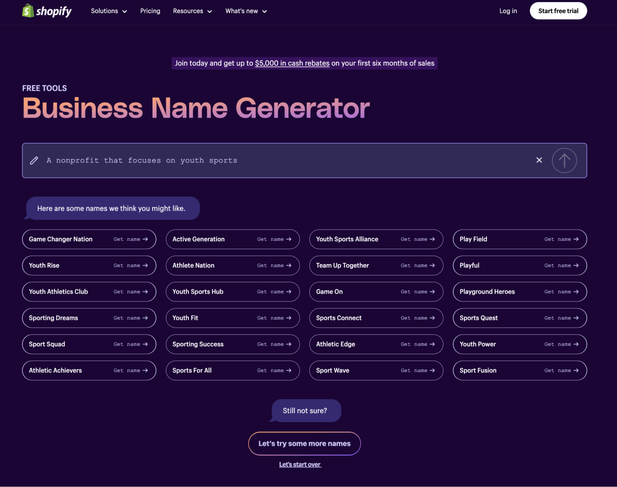 Example of nonprofit organization names generated by Shopify’s business name generator
