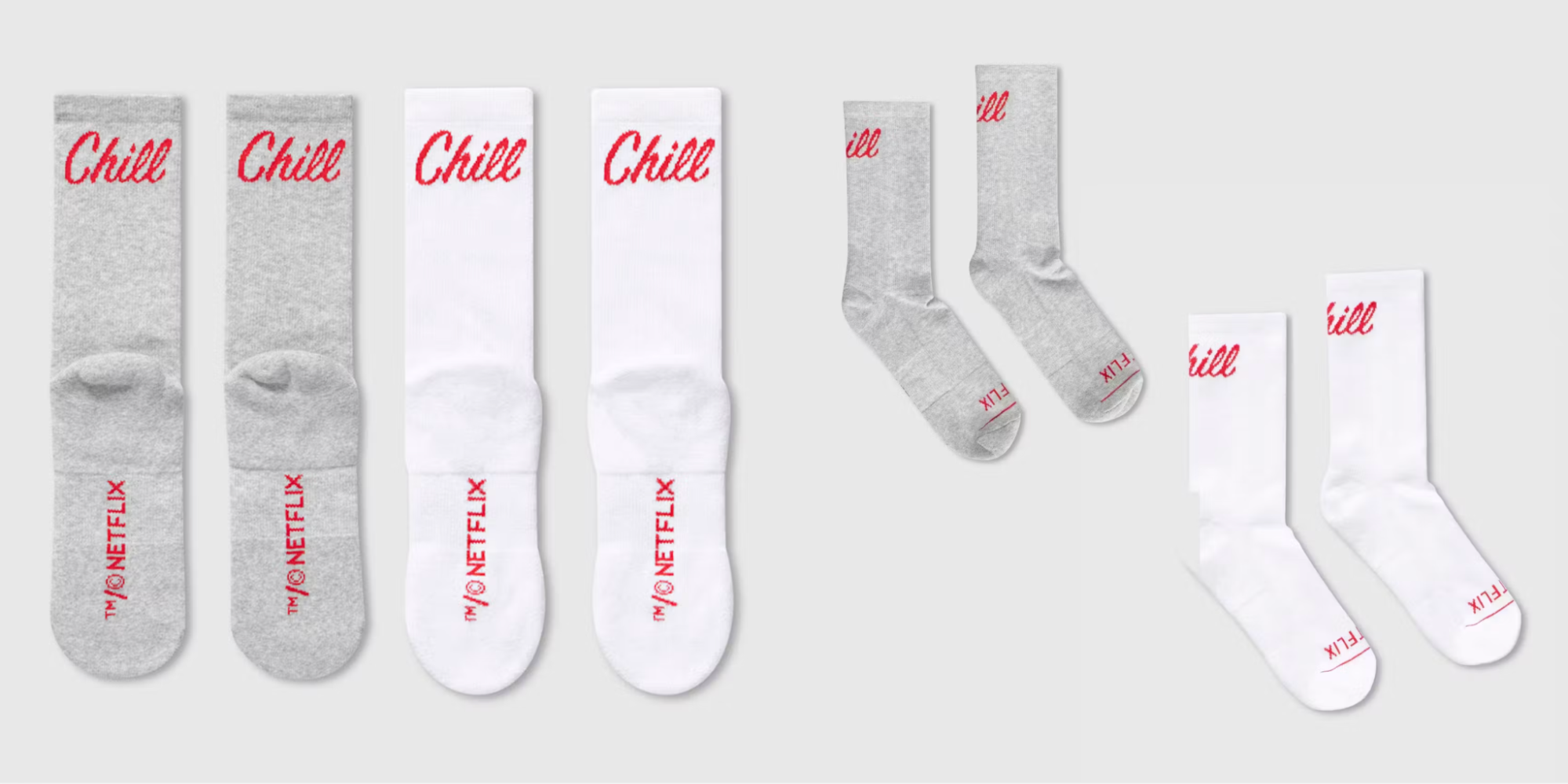 Socks with Netflix and chill branding in white and gray colorways.