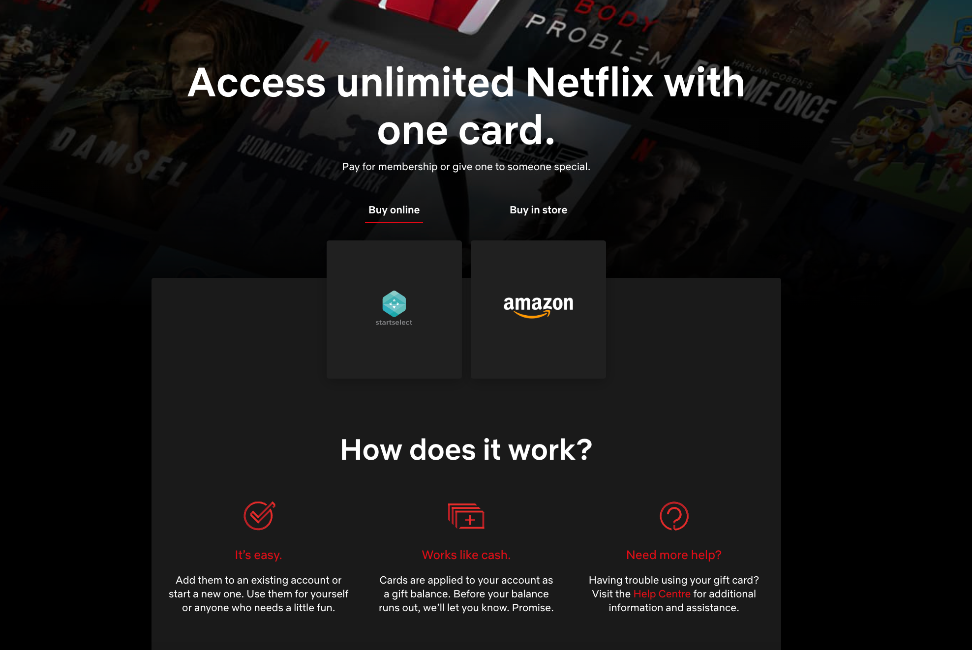 Netflix’s landing page giving the option to buy gift cards online or via Amazon.