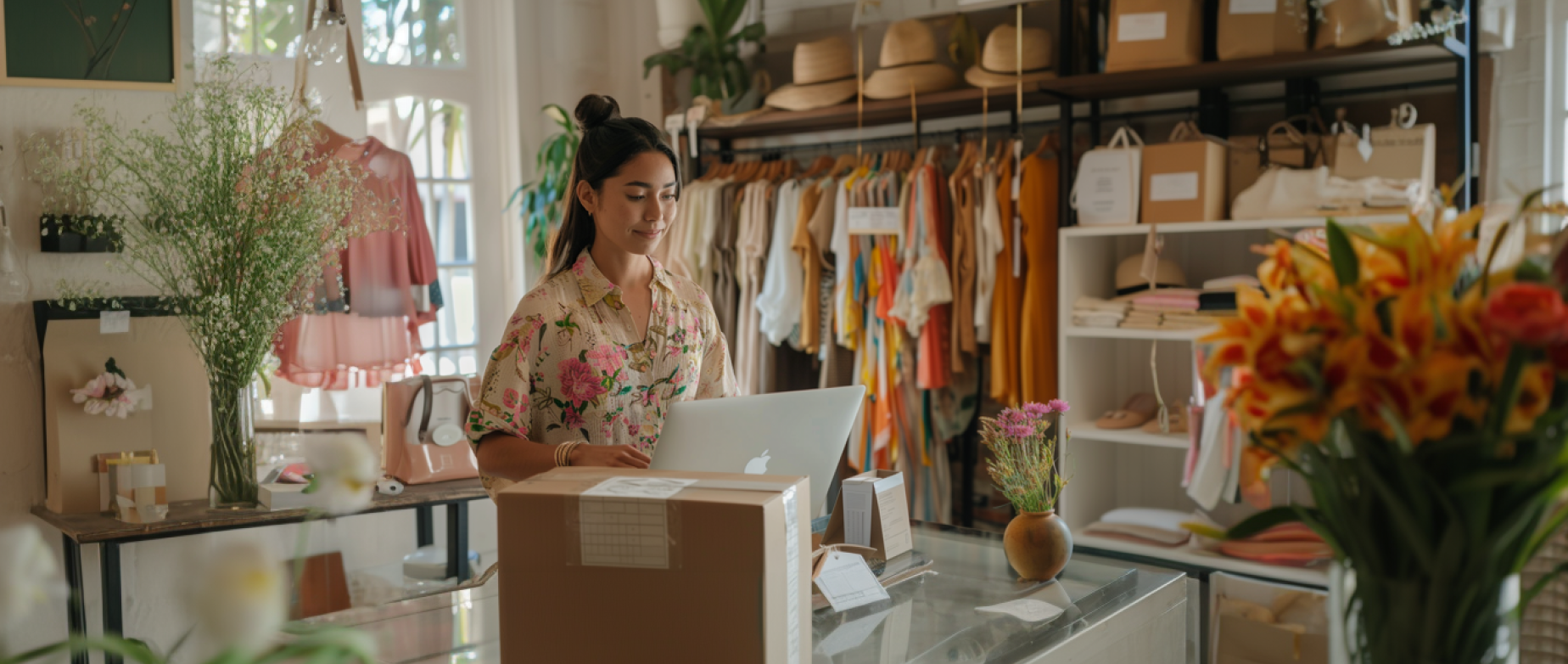 Woman smiling in her apparel store in front of her laptop fulfilling orders to ship to customers