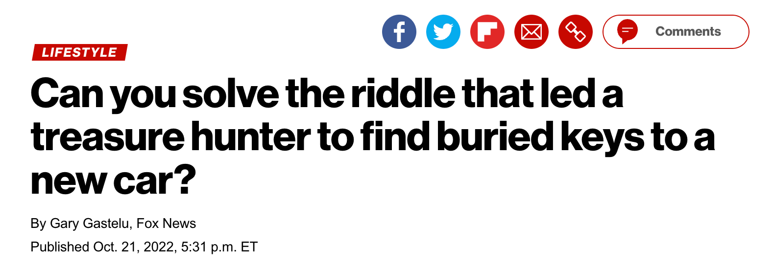 New York Post headline: “Can you solve the riddle that led a treasure hunter to find buried keys to a new car?”