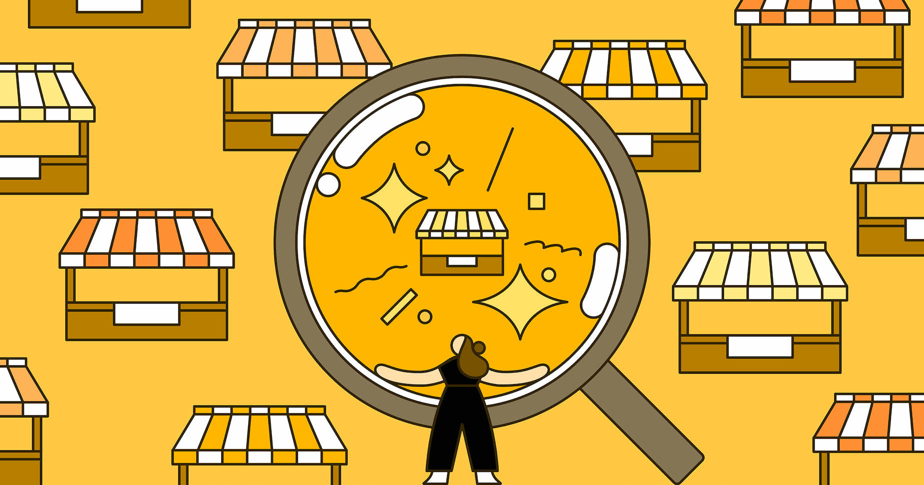 Illustration of a person holding a magnifying glass up to a store, representing the specialization of a niche market.