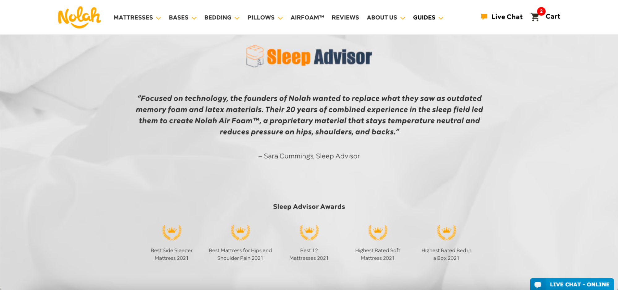 Review from Sleep Advisor with five different mattress-related awards.
