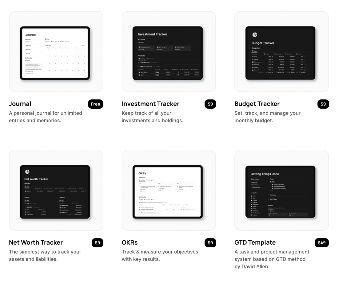 A screenshot of six Notion templates by Easlo.