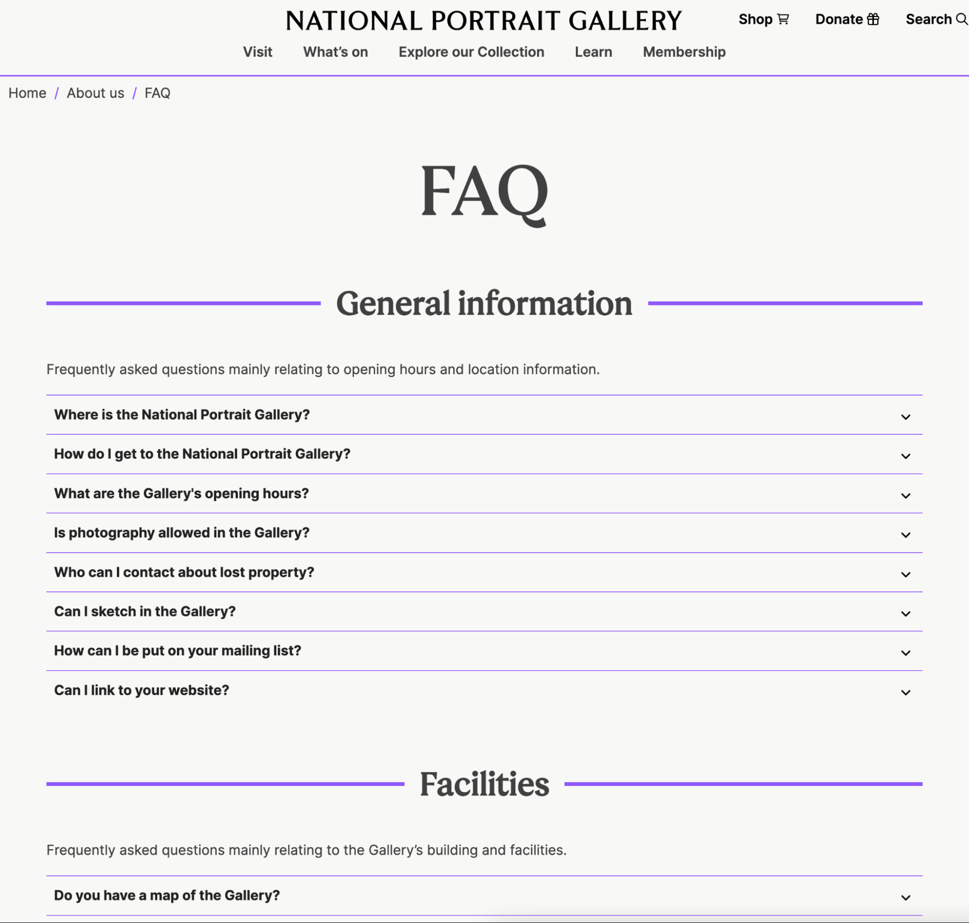 National Portrait Gallery’s FAQ page questions categorized into General Information and What’s On