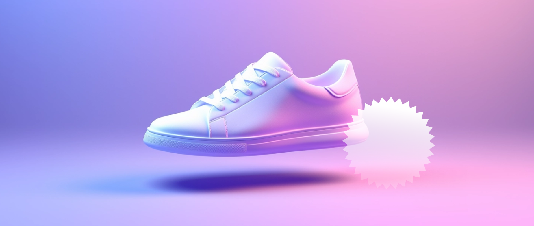 A white shoe with an award symbol on 
a pink and blue background.