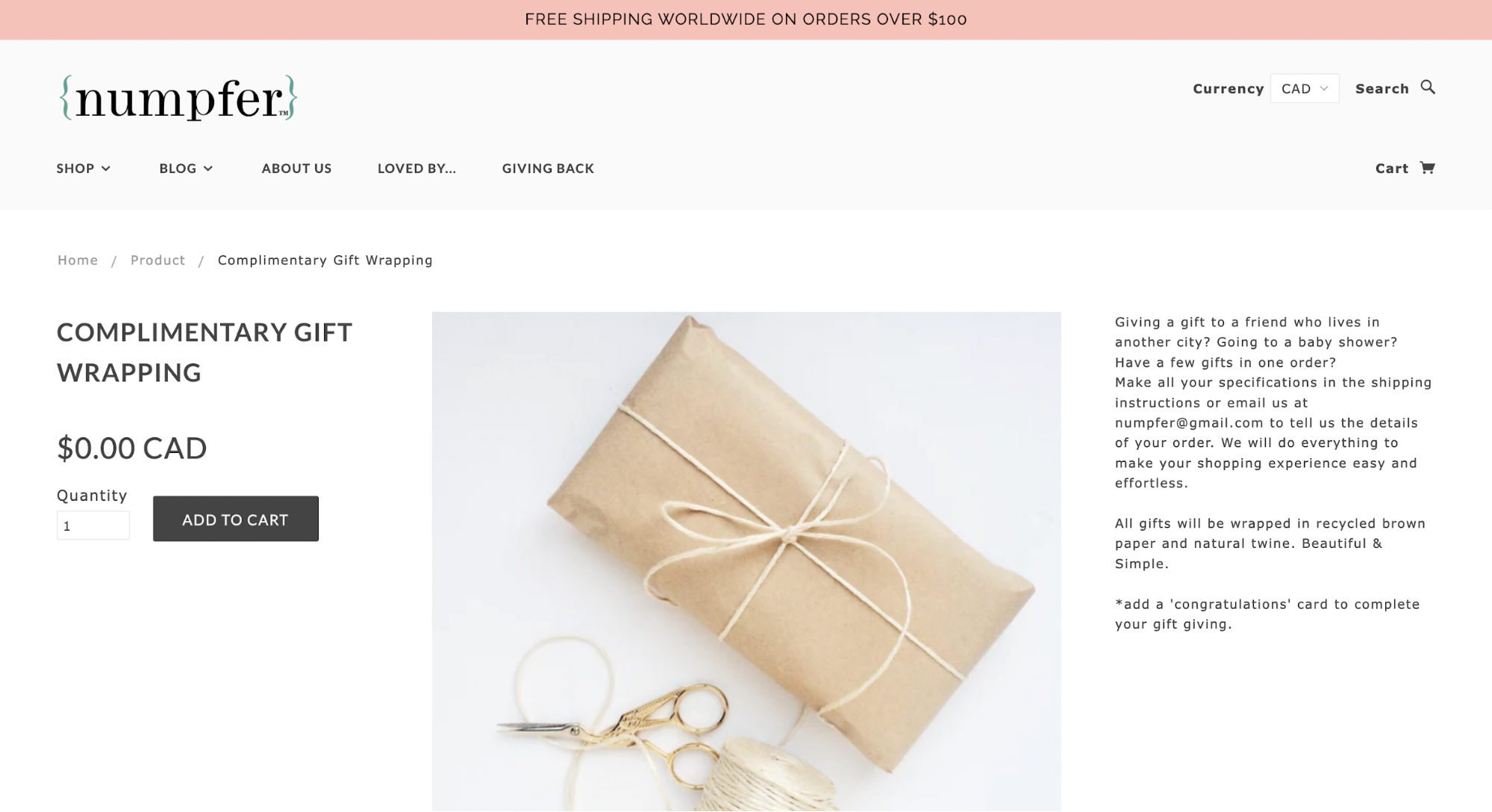 Product page for Numpfer’s free gift-wrapping option