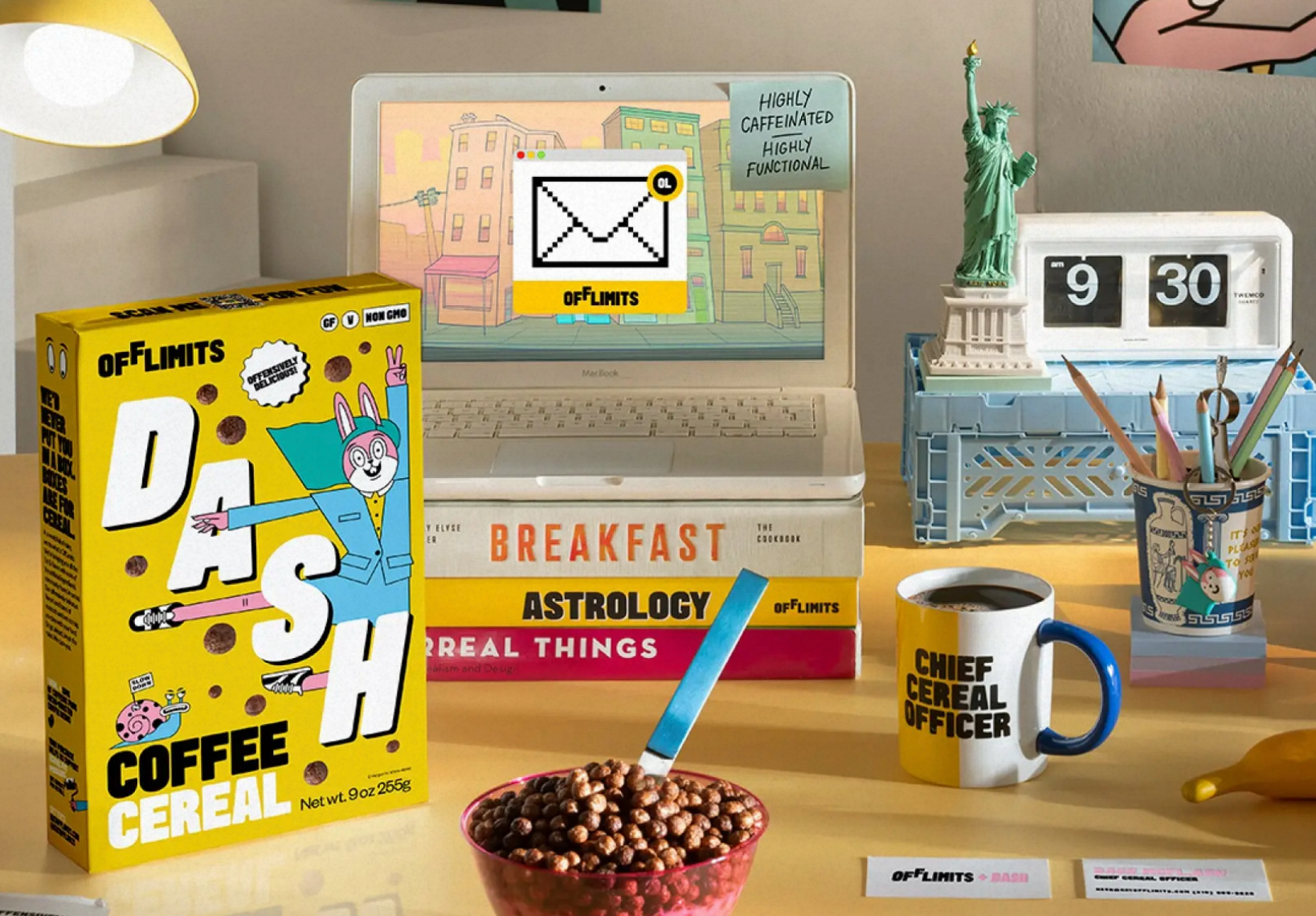 A box of Offlimits cereal set in a home office scene