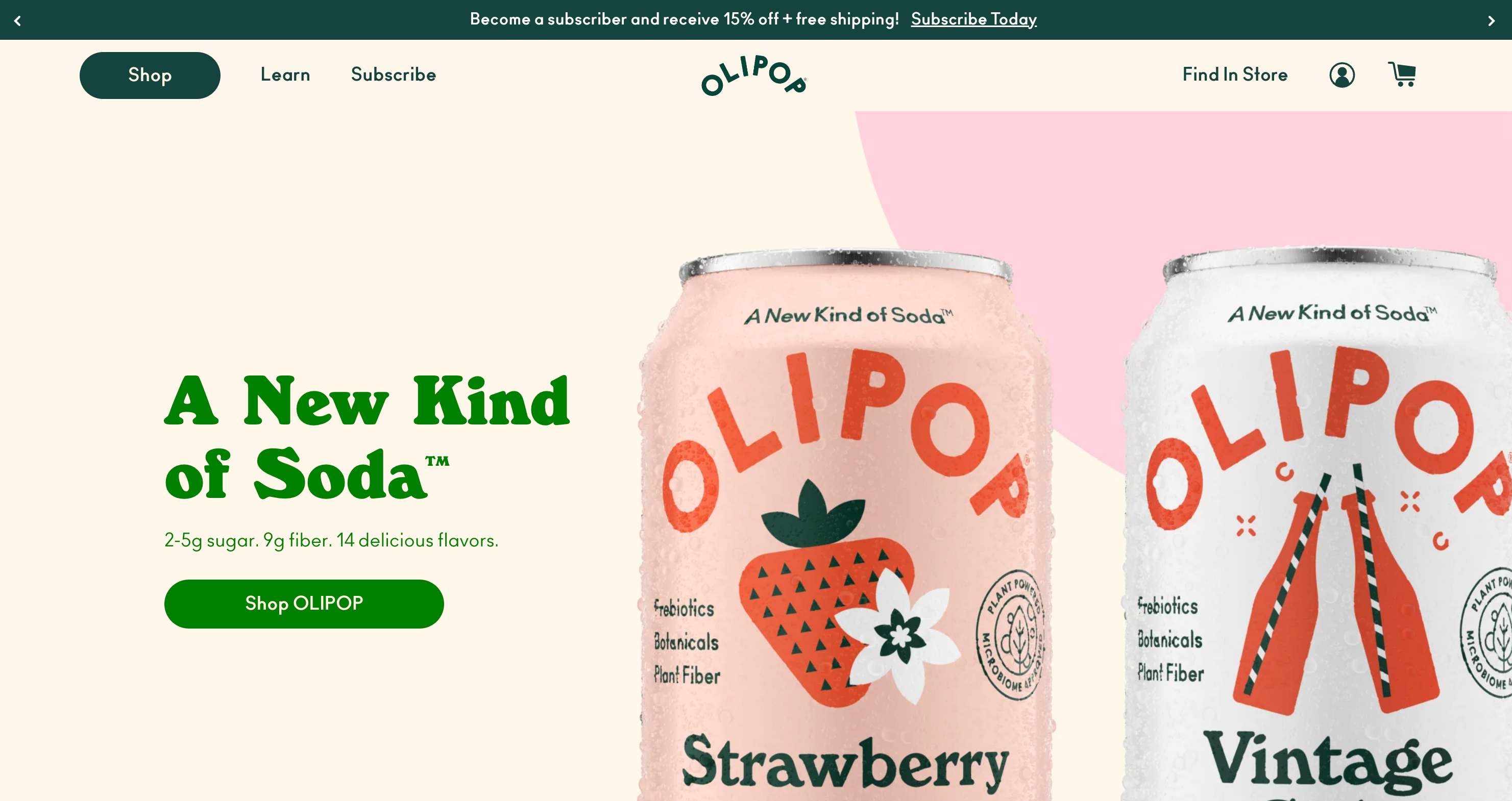 Ecommerce homepage for soda brand Olipop