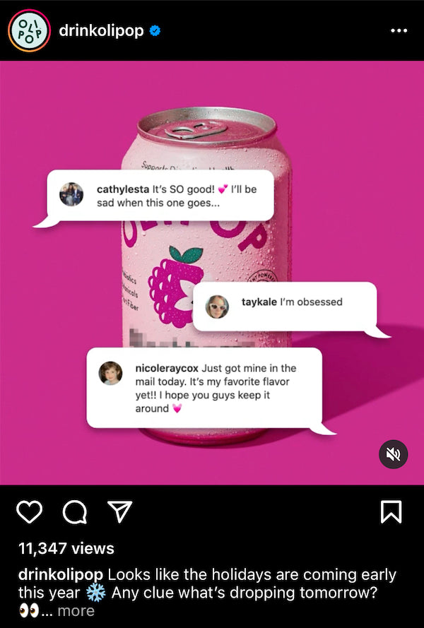 An Instagram post shows customer comments layered atop a blurred-out can of Olipop