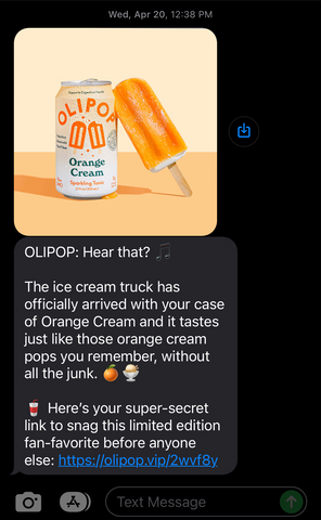 Screenshot of a text message from Oilpop Caption: Olipop