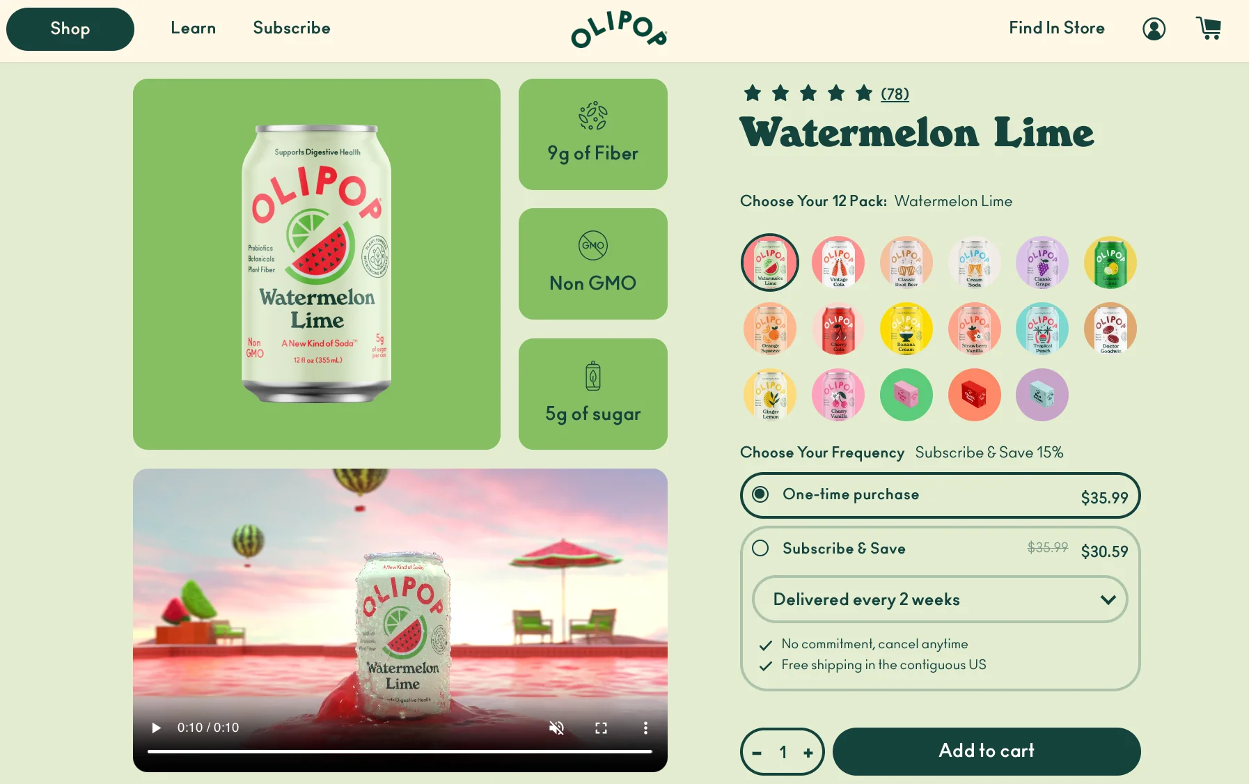 Product page for a watermelon lime soda that includes product features in the image carousel.