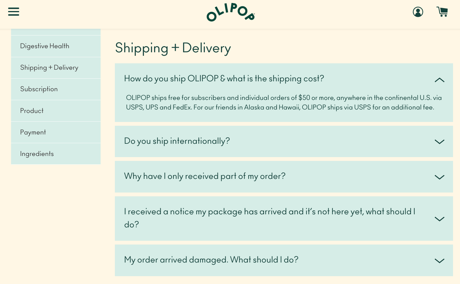 Olipop’s shipping and delivery FAQ page.