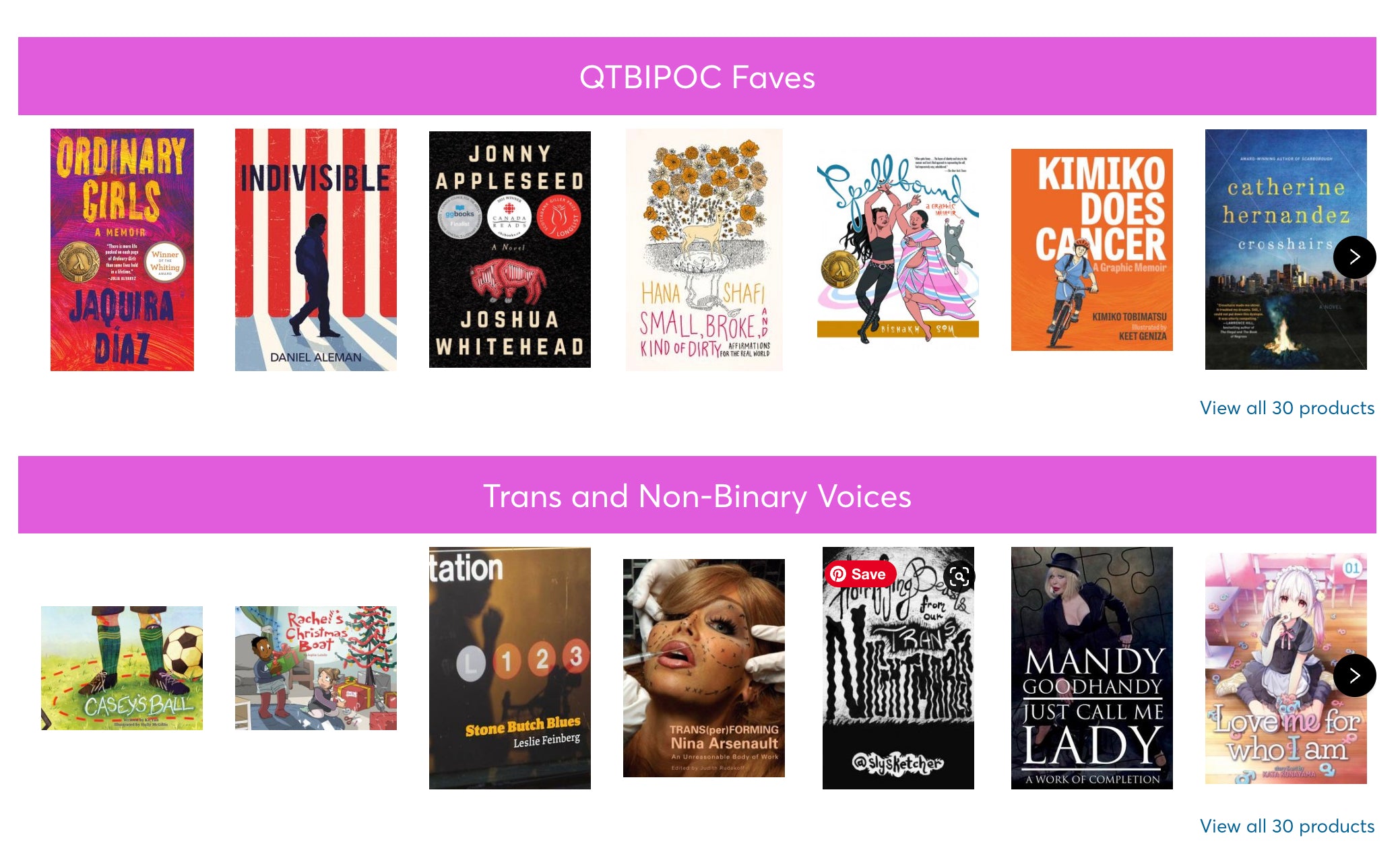 Screen grab of website for Glad Day Books featuring LGBTQ+ collections