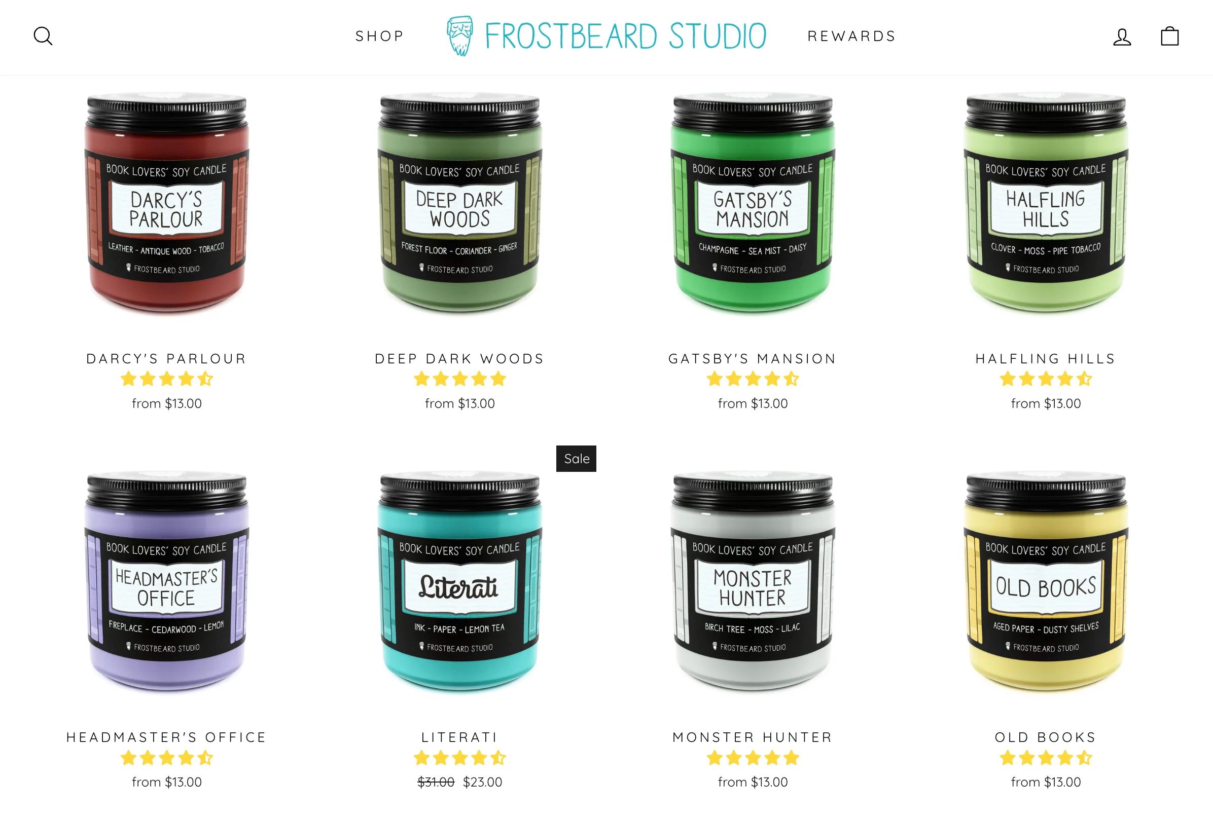 Screen grab of a webpage from Frostbeard Studio featuring images of candles