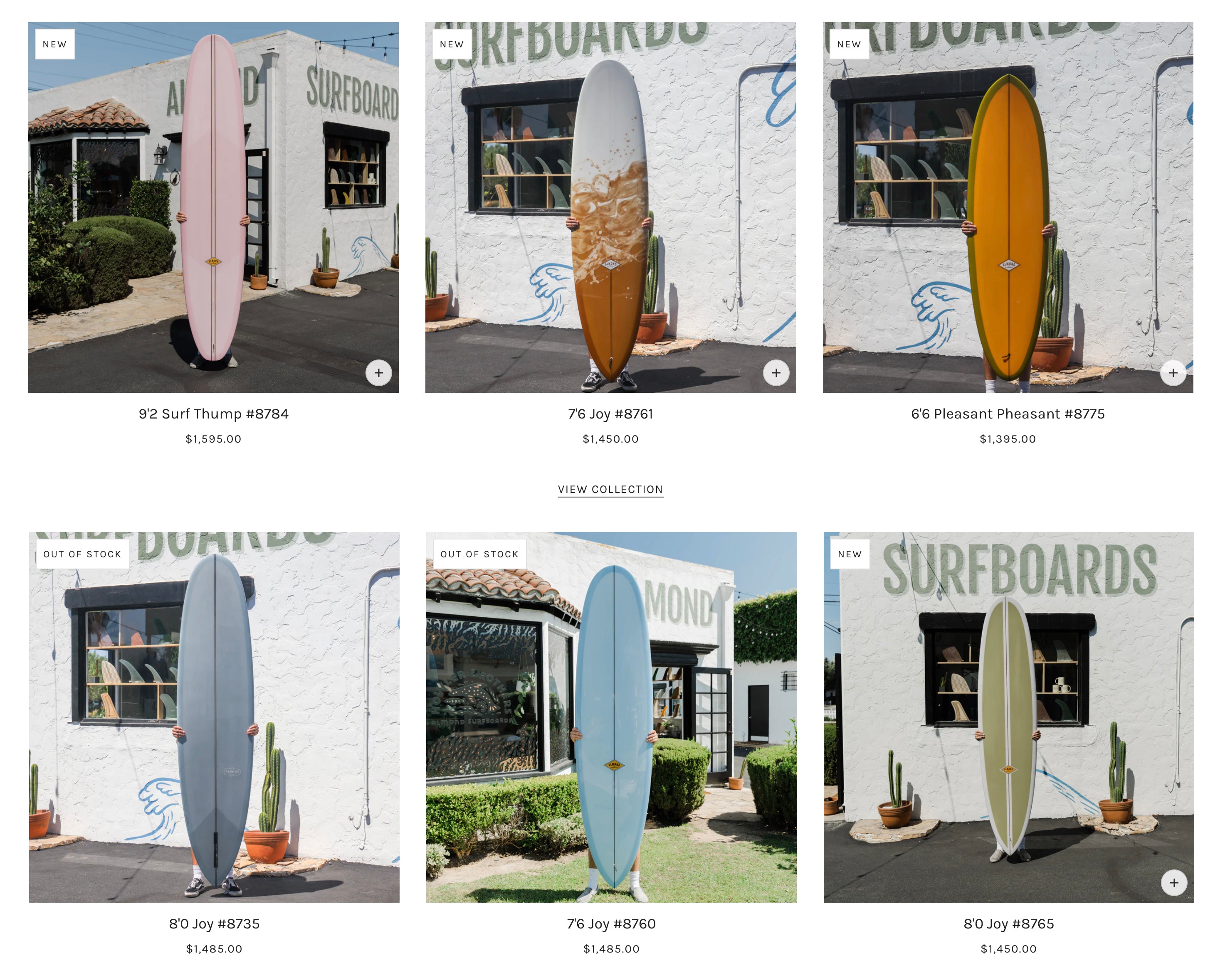 Almond Surfboards页面排列显示一些冲浪板