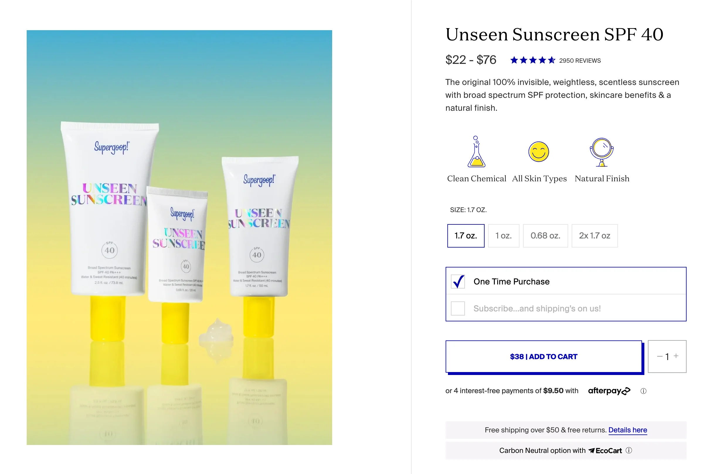 Capture d'écran de la page produit sur le site e-commerce de Supergoop