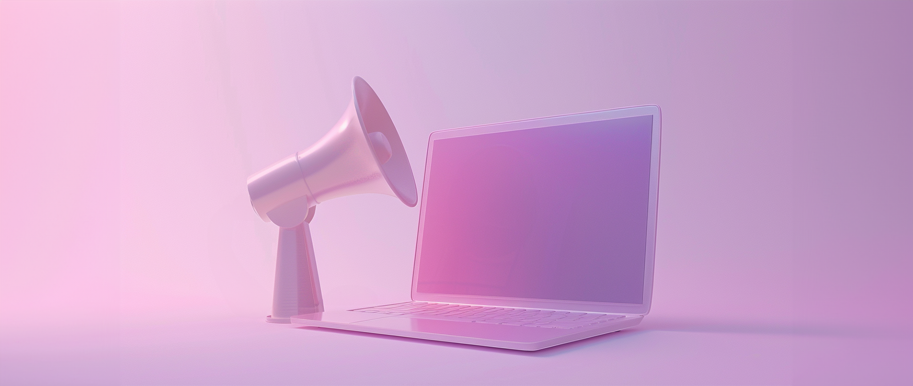 A pink room with a megaphone pointed at an open laptop.