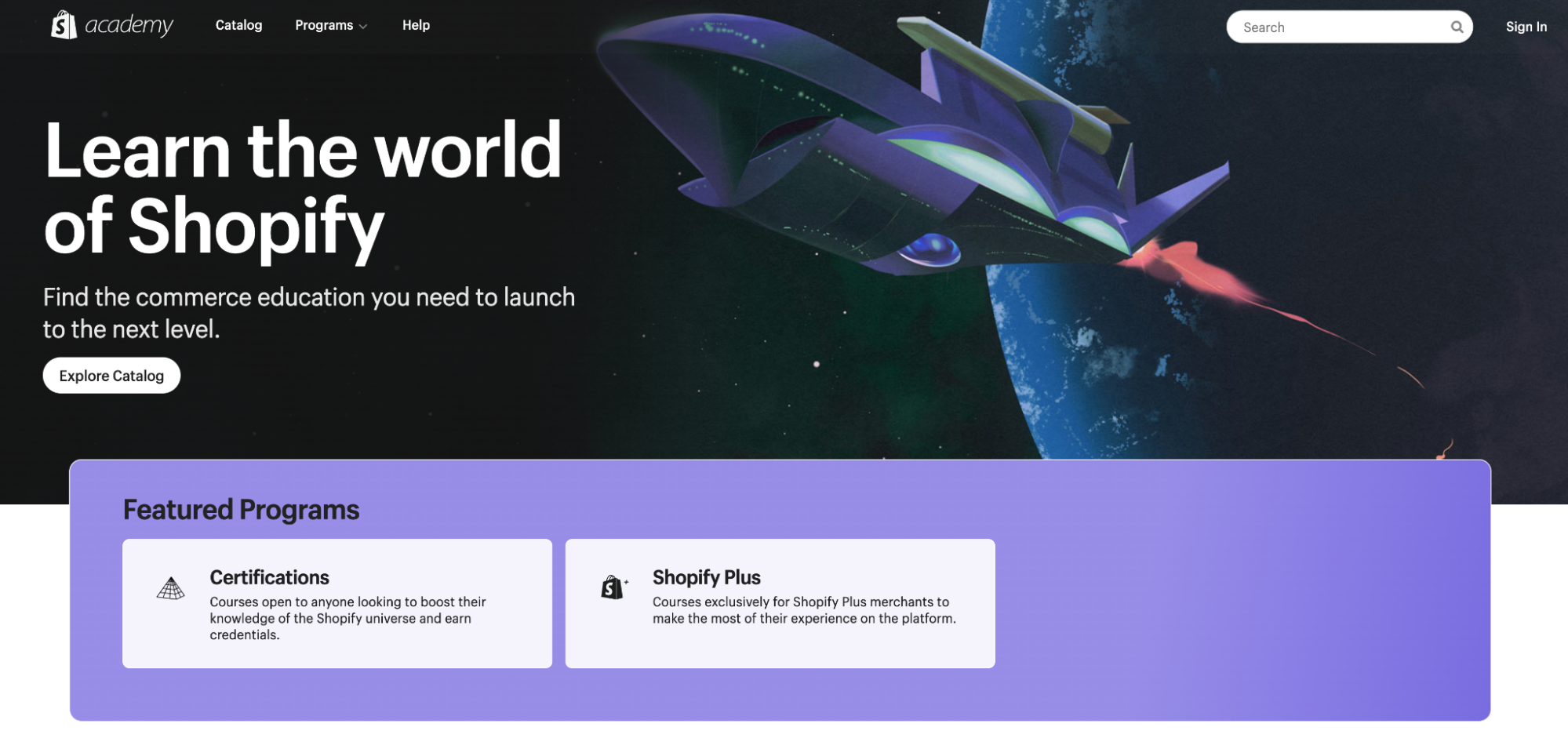 The homepage of Shopify Academy, featuring an image of a starship and links to popular course programs.