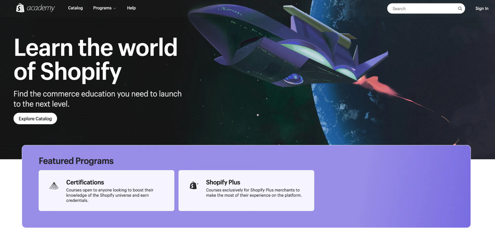 The homepage of Shopify Academy, featuring an image of a starship and links to popular course programs.