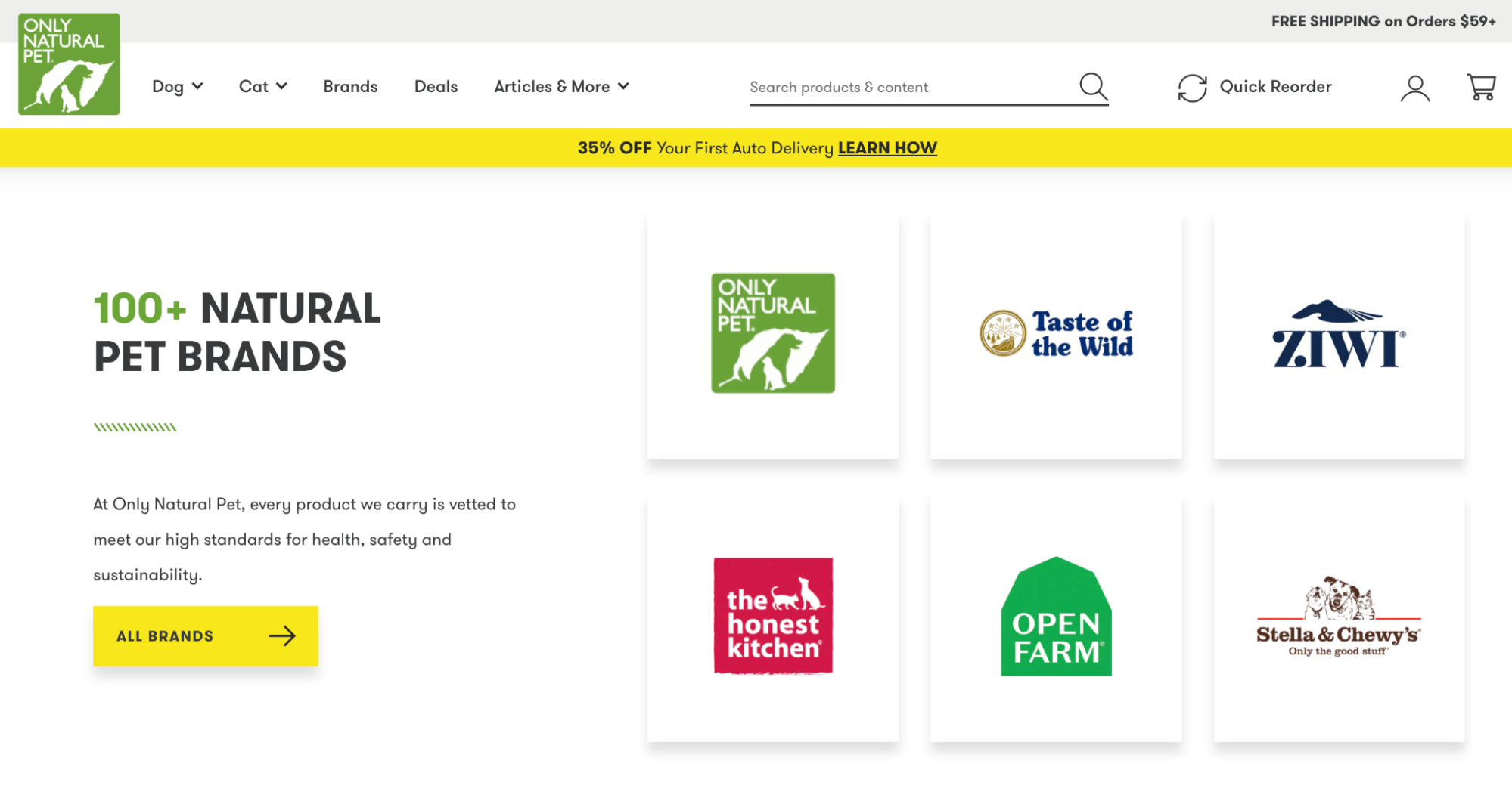 The homepage of pet accessories store Only Natural Pet promotes its strict product selection standards.