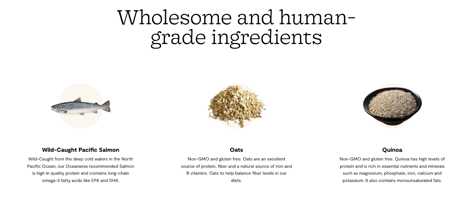 Screenshot of Open Farm’s website sharing the ingredients it uses with images of a fish, oats, and quinoa against a clean, white background.