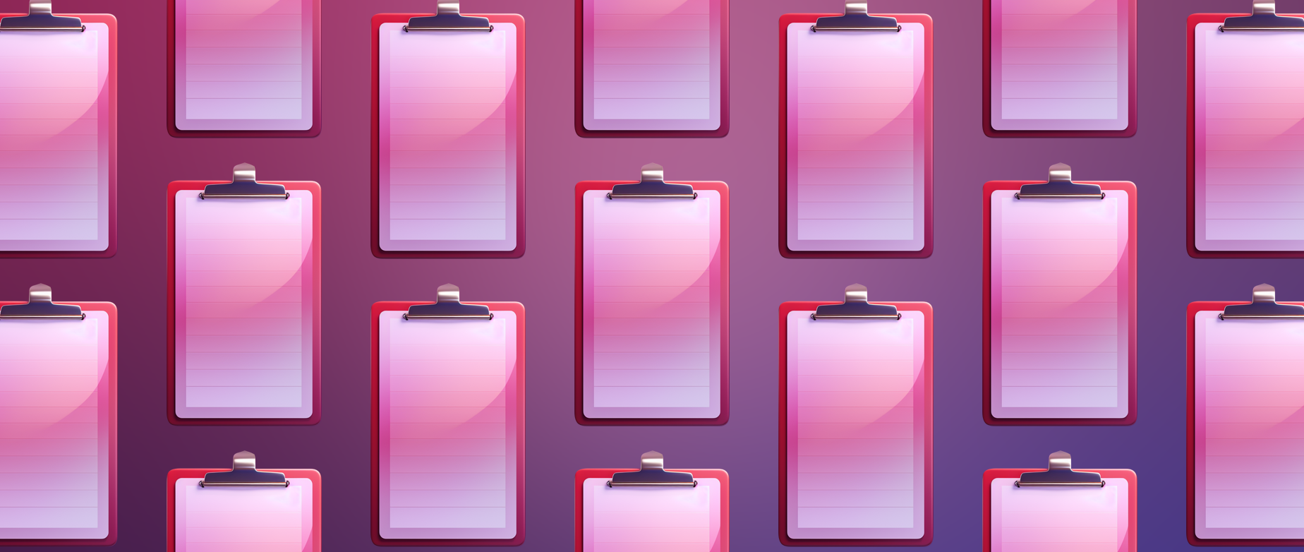 An array of red clipboards on a red purple background.