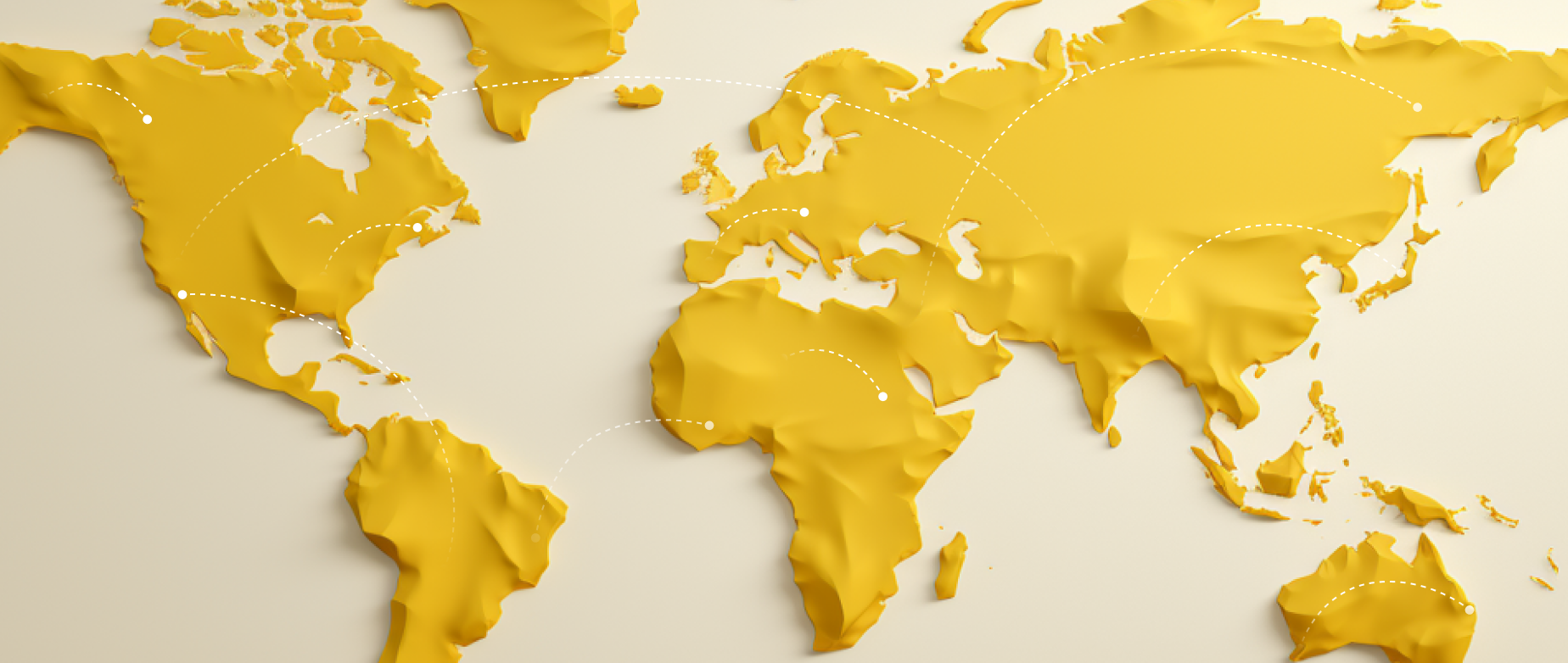 A yellow map of the continents with white dotted lines from each on a light peach background.