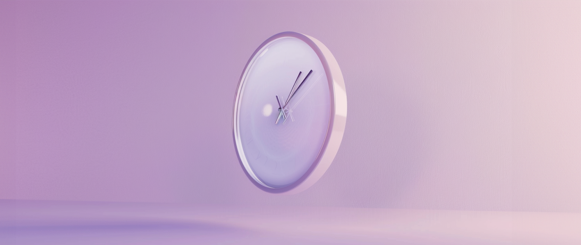 A clock on a light pink background.