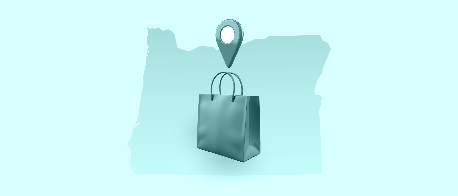 A silhouette of the state of Oregon with a shopping bag and map icon on a blue background.