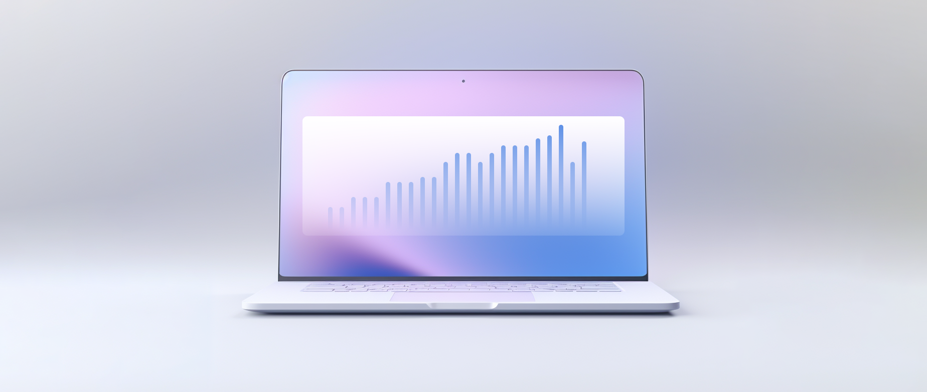 A laptop with a bar graph and purple screen against a grey background.