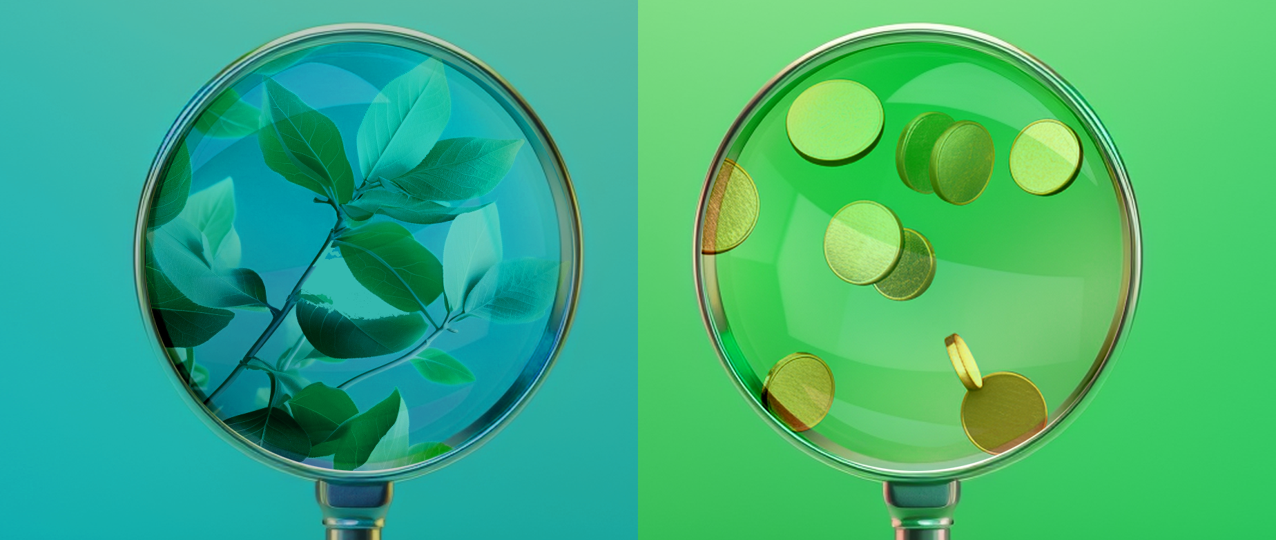 A magnifying glass with green leaves on an aqua background next to a magnifying glass with gold coins on a green background.