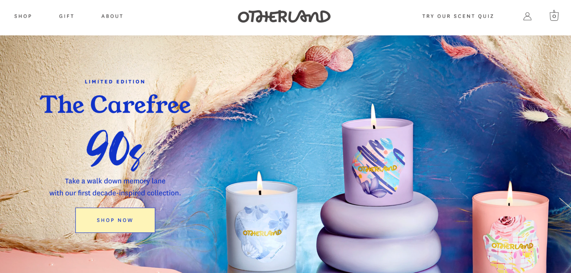 Screenshot of candle brand Otherland’s website showing its 90s-inspired candle collection.