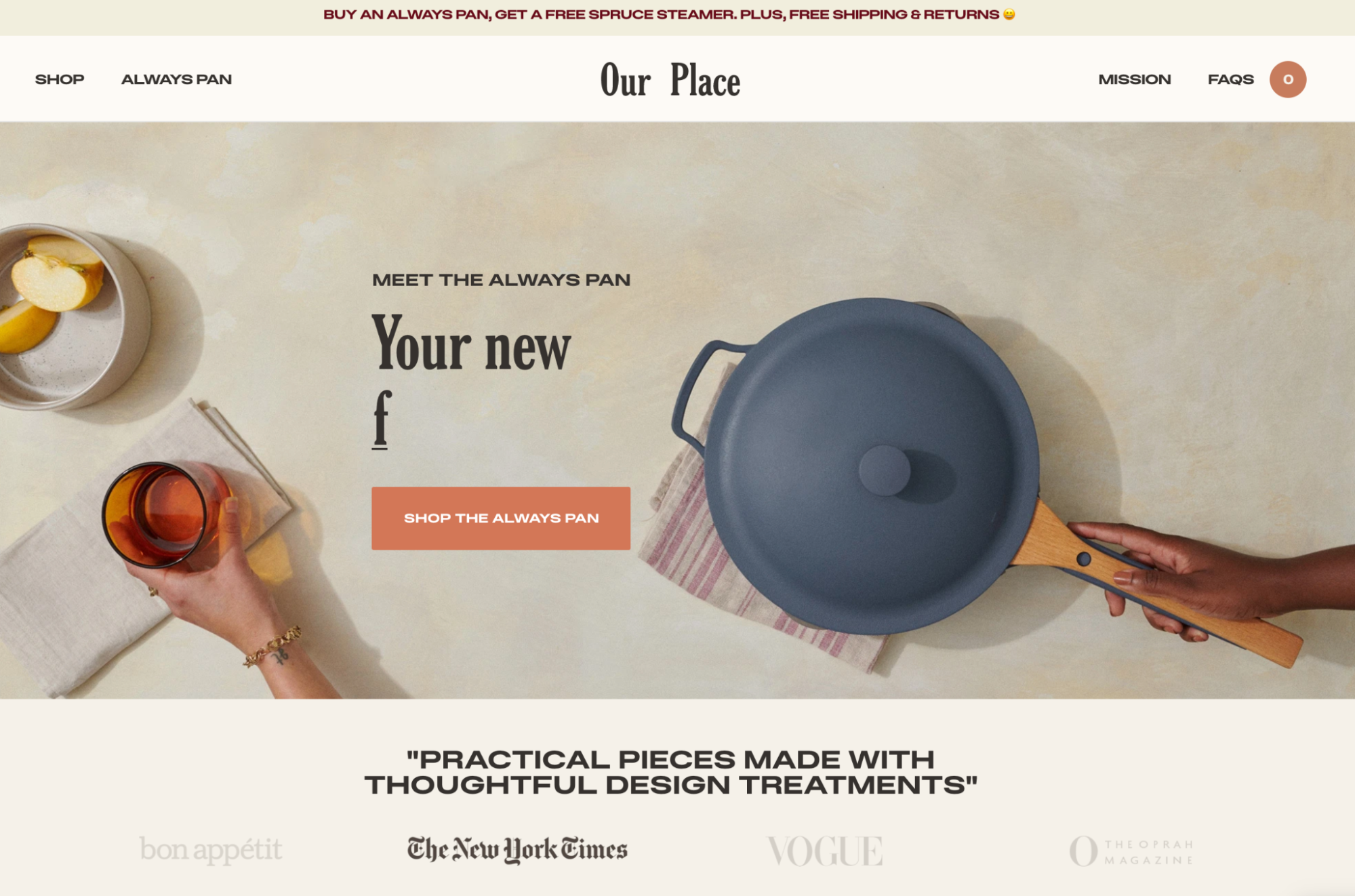 A brand homepage featuring a hello bar that advertises free shipping and returns.