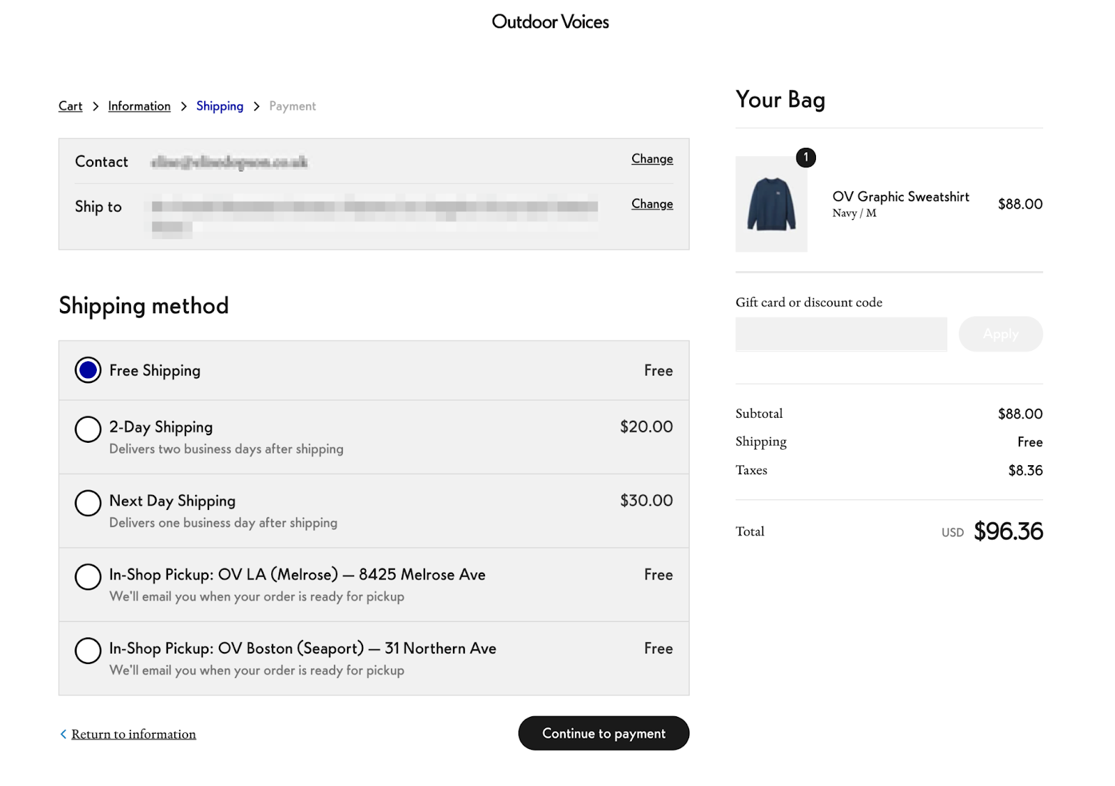 Shopping cart showing an $88 graphic sweatshirt in the shopping cart, with the option for free shipping.