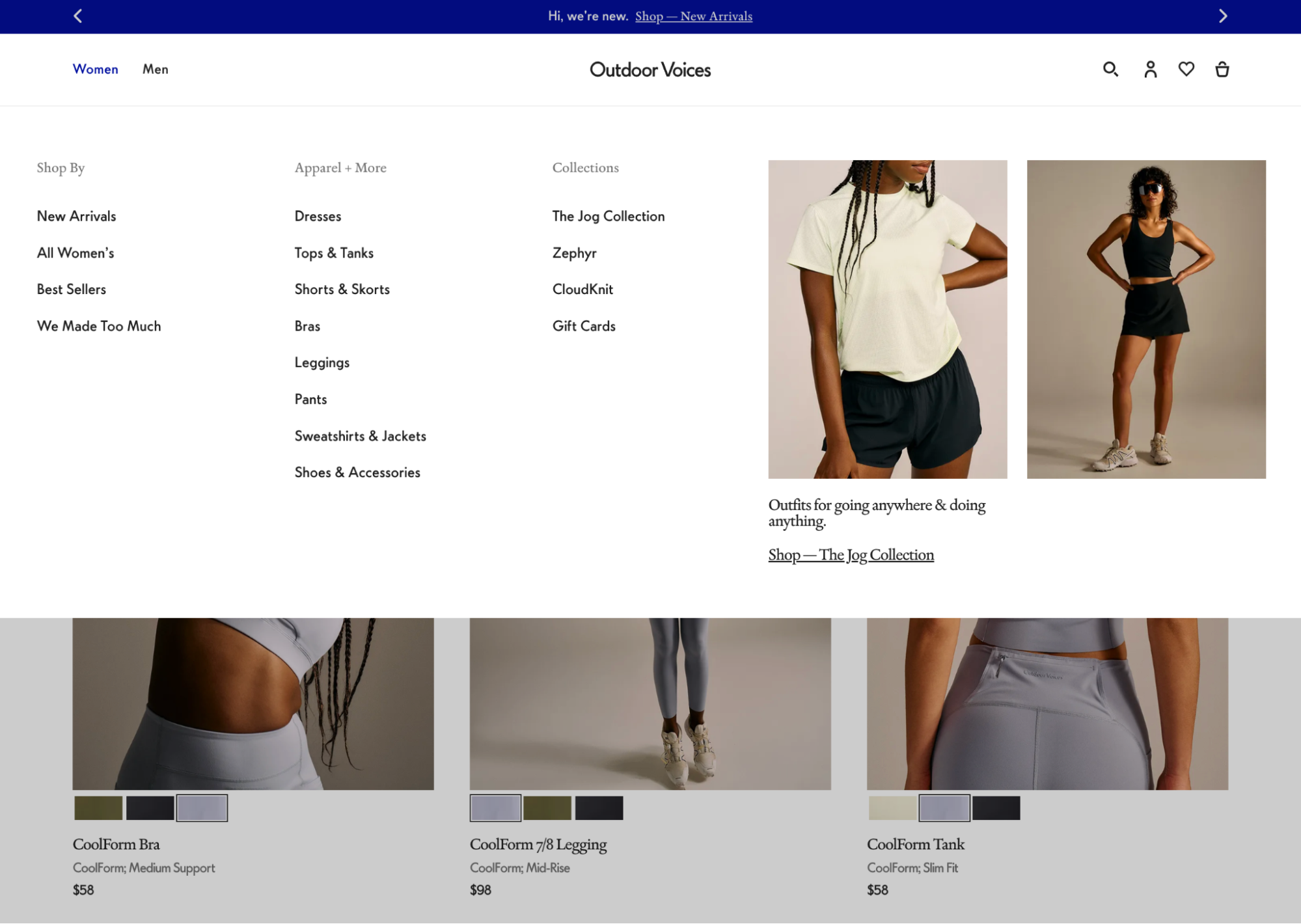 The homepage of Outdoor Voices ecommerce website with category menu and search bar