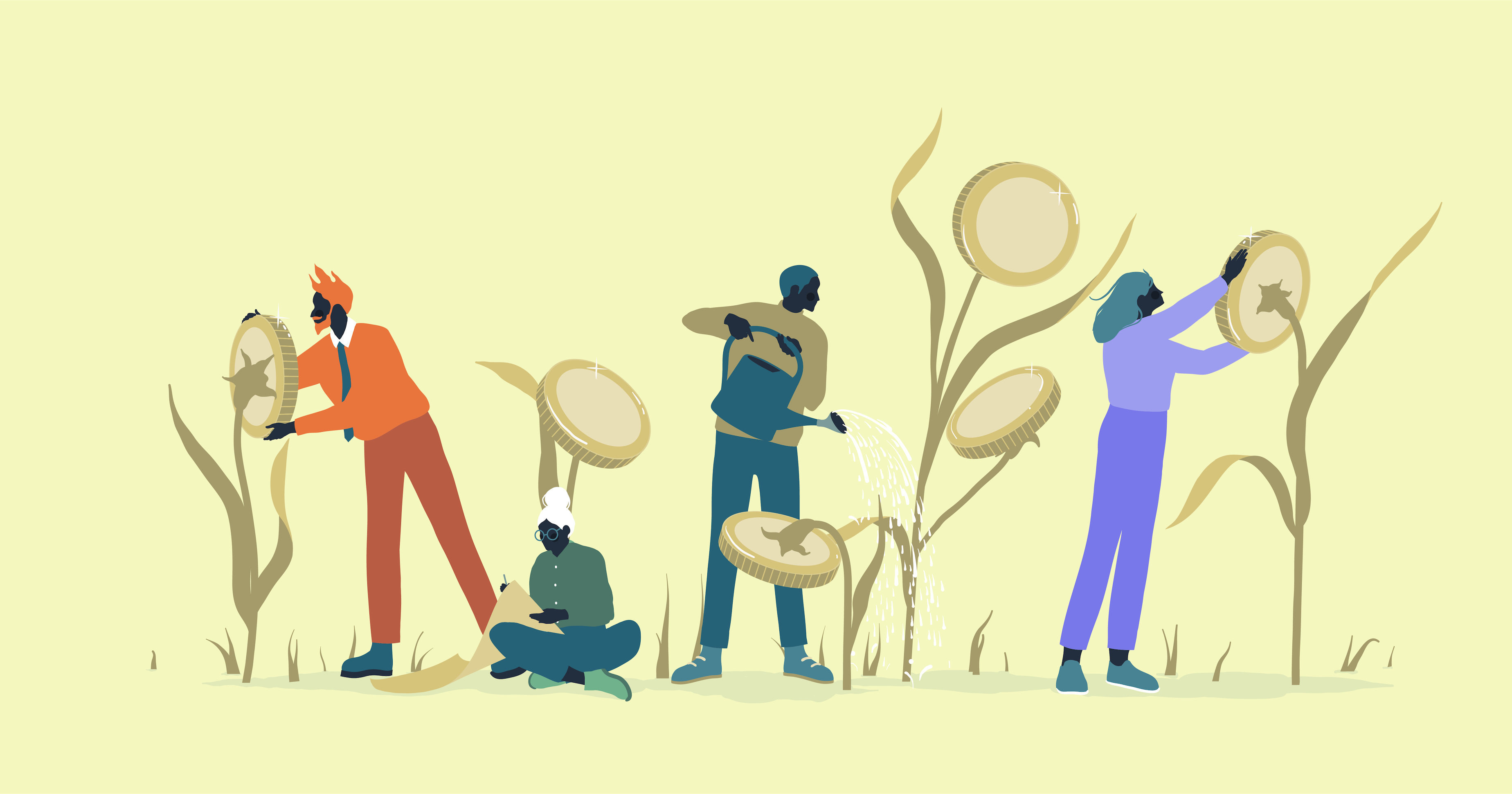 Illustration of several characters watering plants that are growing money