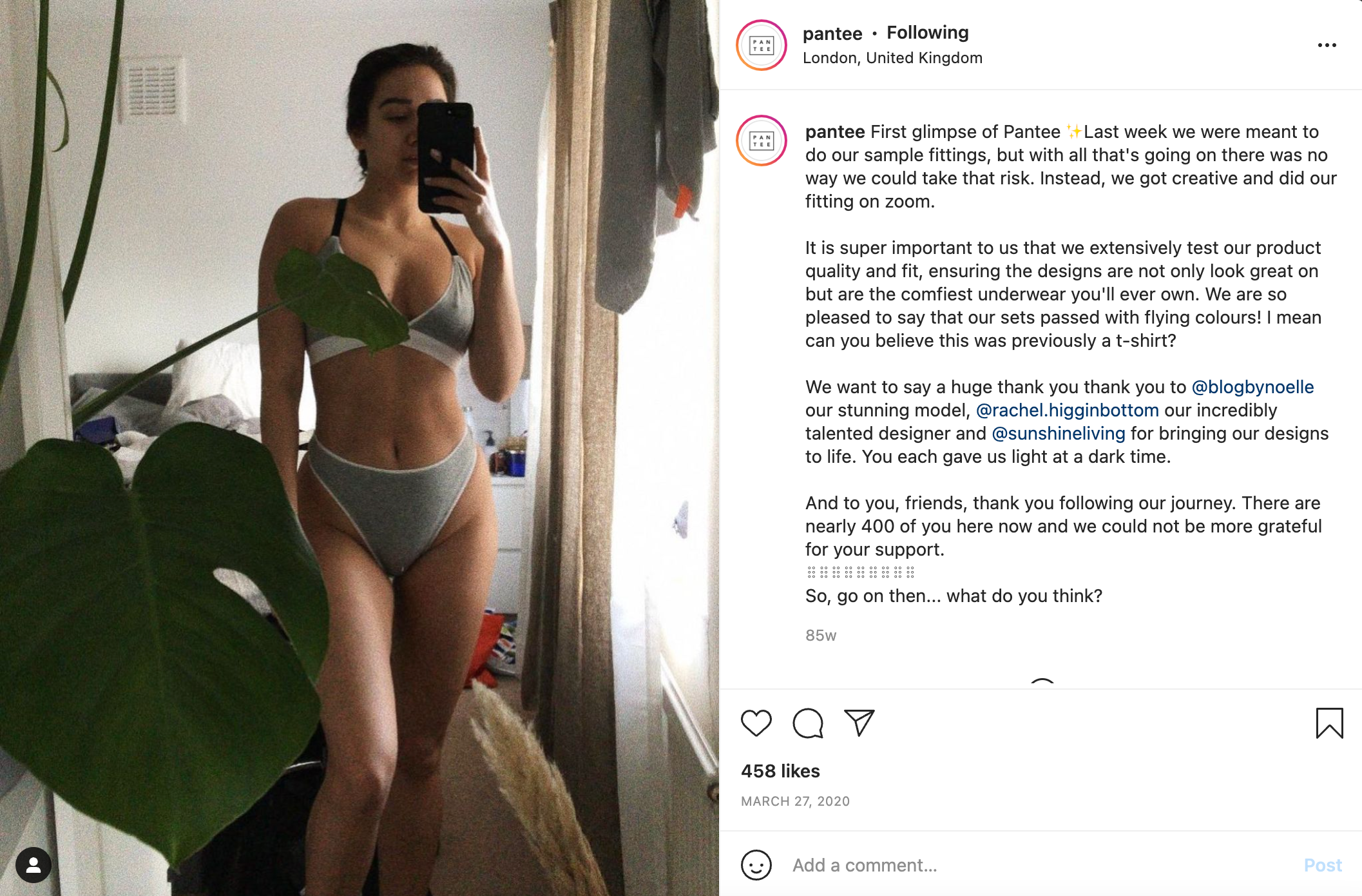 An early Instagram post from Pantee that shows a first look at the product on a women taking a mirror selfie.