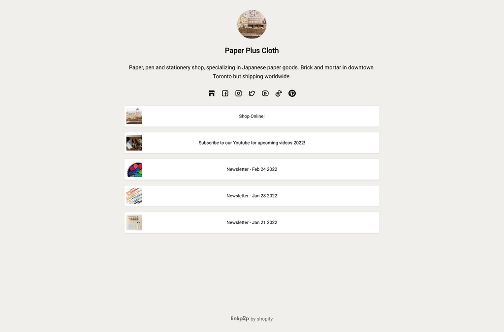 Das "Link-in-Bio"-Tool Linkpop von Shopify: Beispiel Paper Cloth Plus